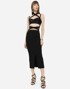 Jersey calf-length dress with bands