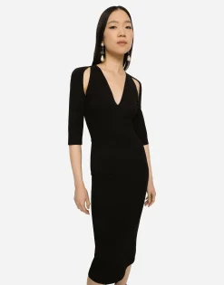 Jersey calf-length dress with cut-outs