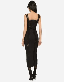 Jersey calf-length dress with lace inserts