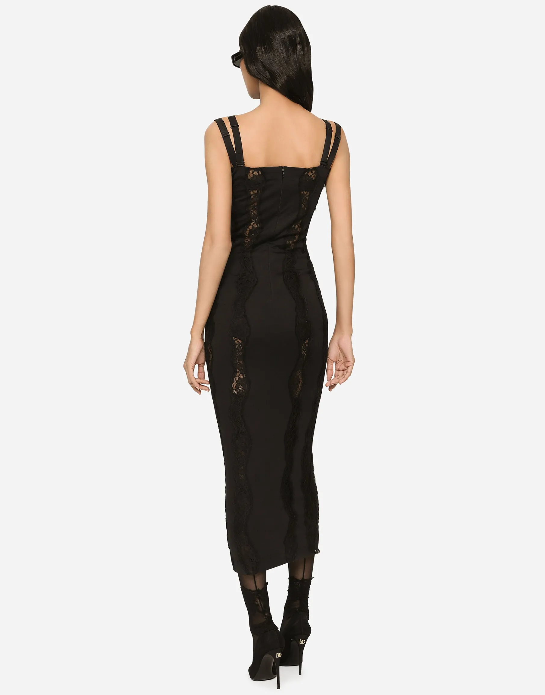 Jersey calf-length dress with lace inserts
