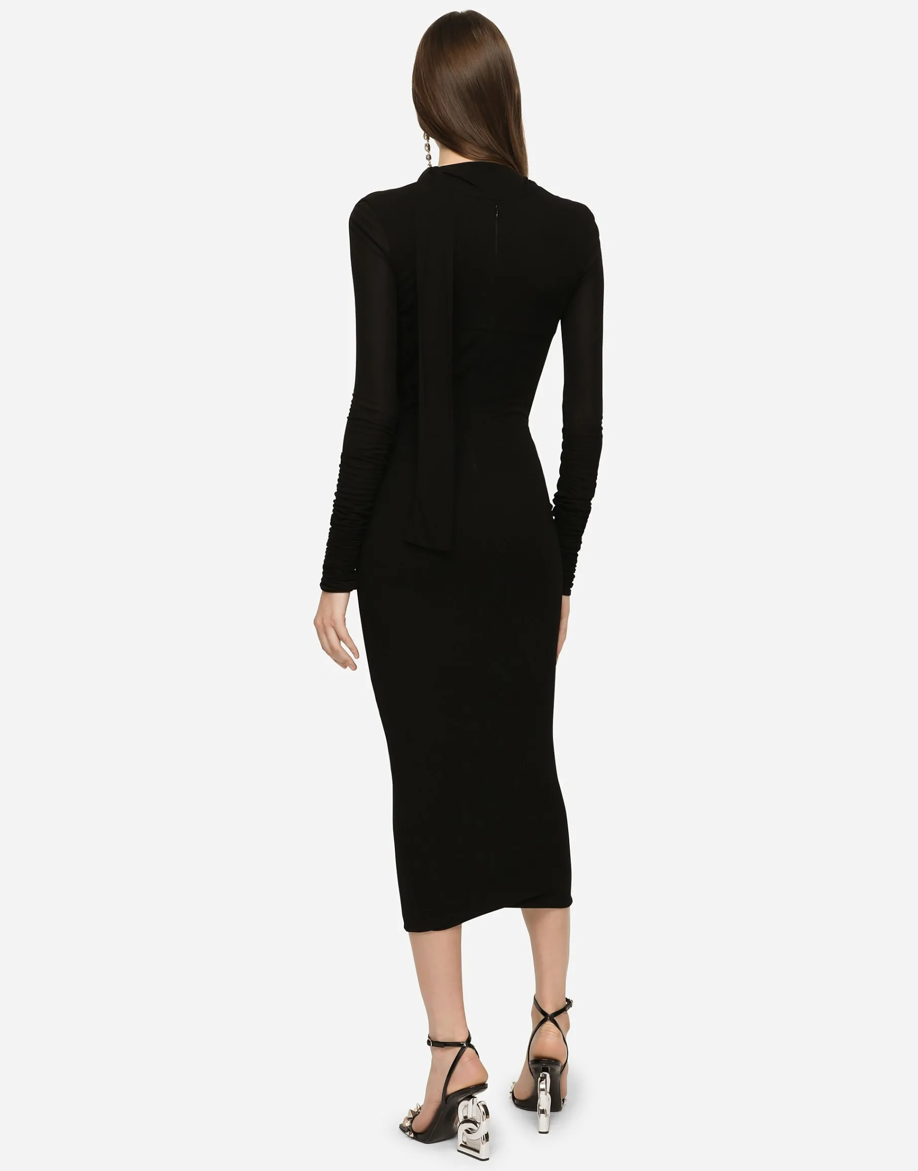 Jersey calf-length dress with cut-out and pussy-bow