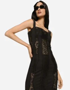 Jersey calf-length dress with lace inserts