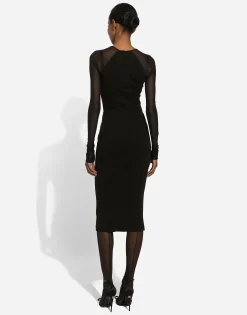 Jersey calf-length dress with tulle sleeves