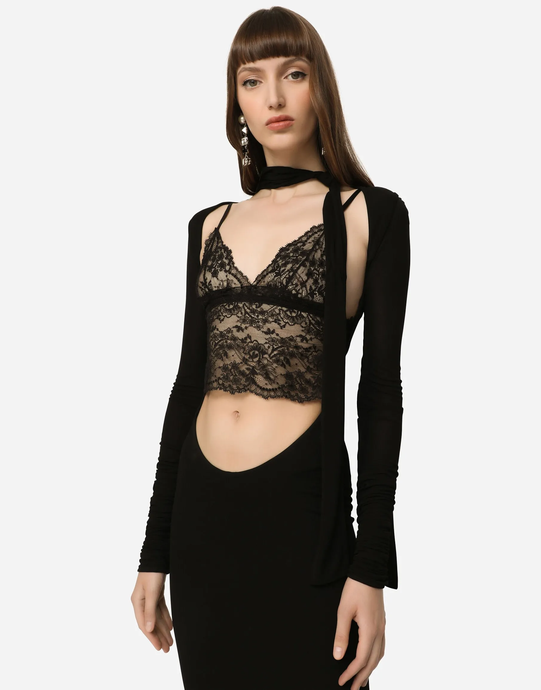 Jersey calf-length dress with cut-out and pussy-bow