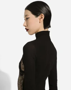 Jersey calf-length dress with Chantilly lace insert