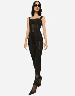 Jersey calf-length dress with lace inserts