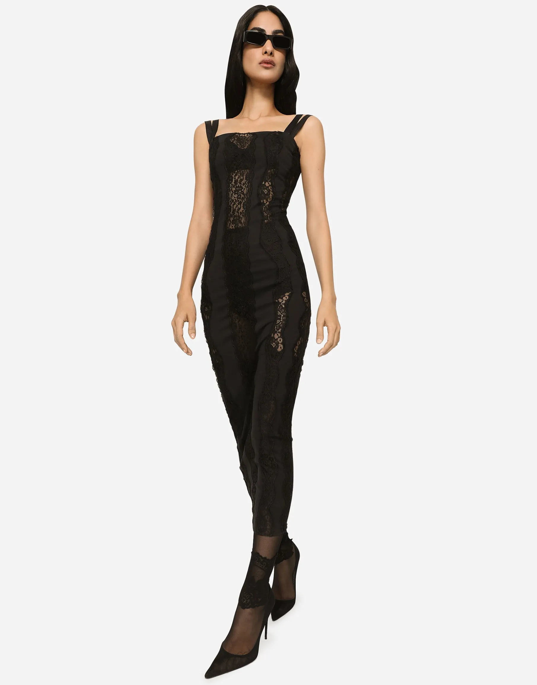 Jersey calf-length dress with lace inserts