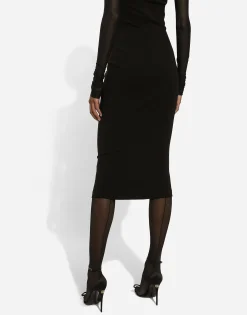 Jersey calf-length dress with tulle sleeves