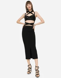 Jersey calf-length dress with bands