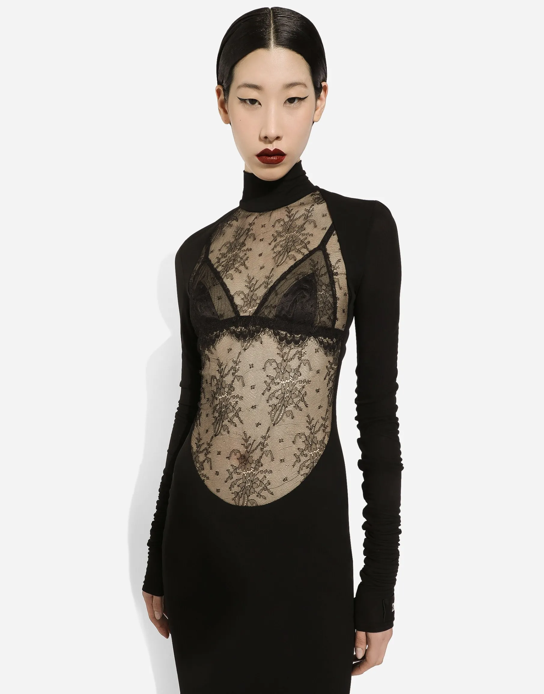 Jersey calf-length dress with Chantilly lace insert