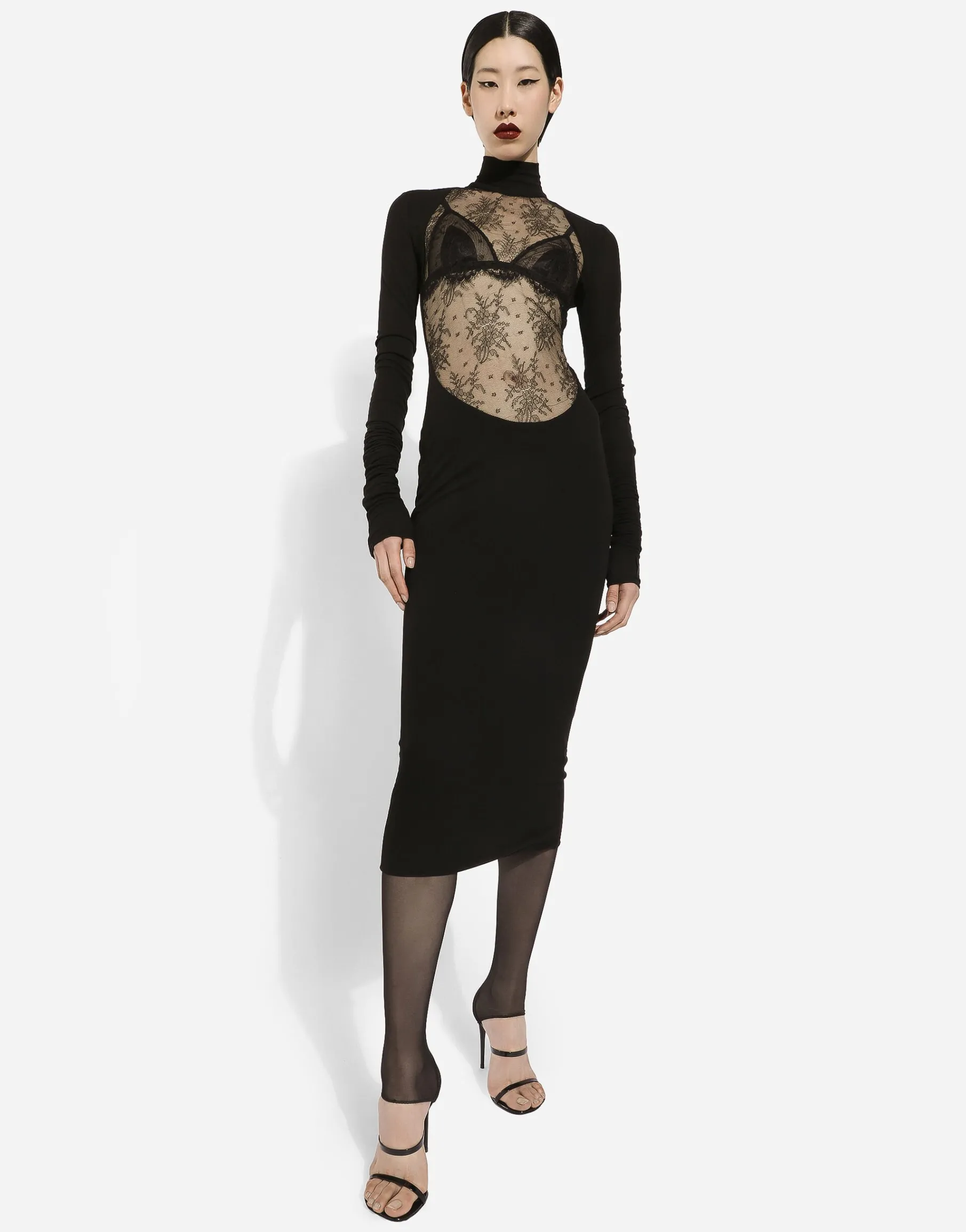 Jersey calf-length dress with Chantilly lace insert