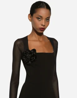 Jersey calf-length dress with tulle sleeves