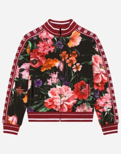 Jersey sweatshirt with floral print over a black background