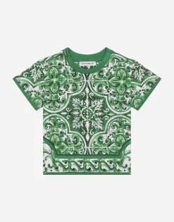 Jersey T-shirt with all-over green majolica print