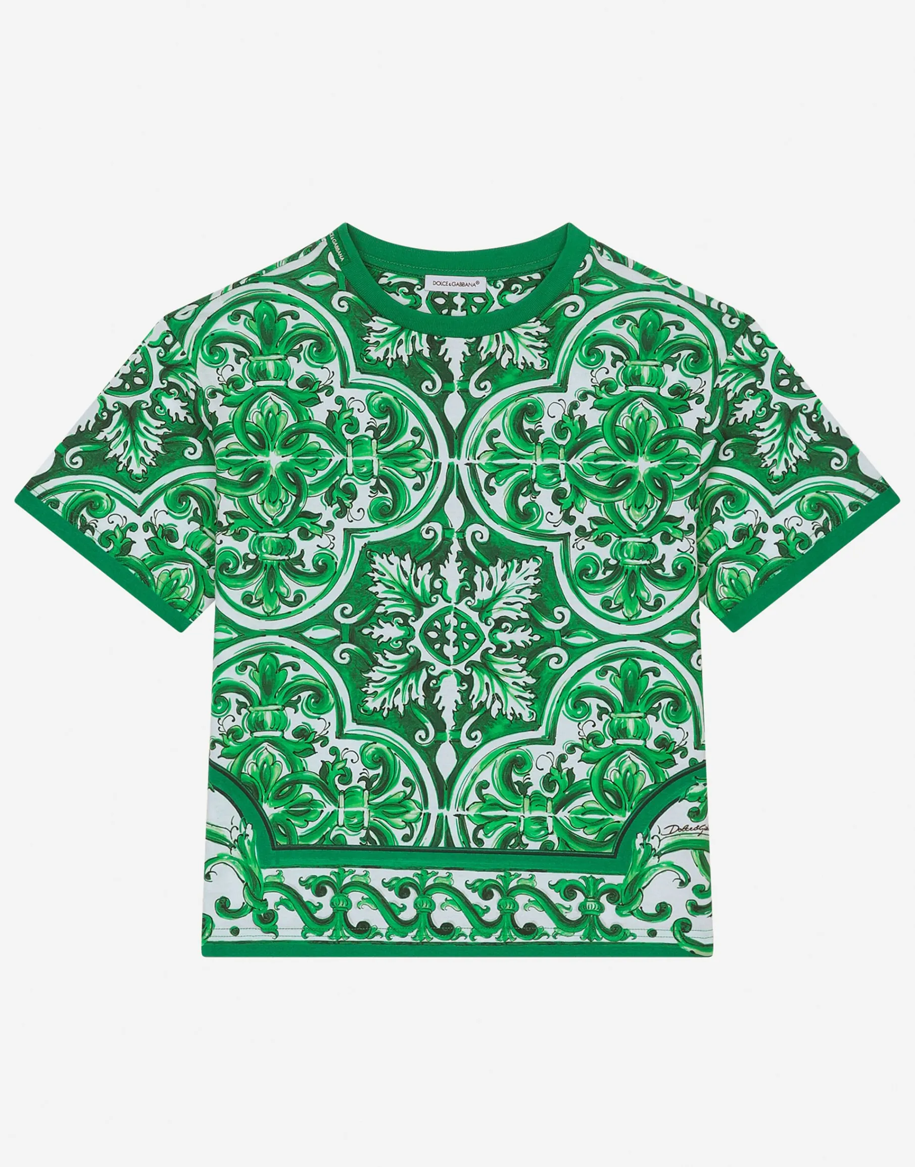 Jersey T-shirt with green majolica print