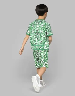 Jersey T-shirt with green majolica print