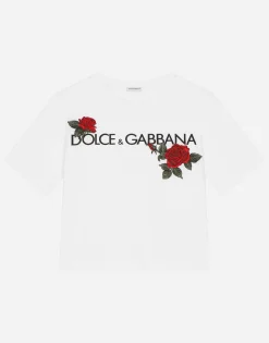 Jersey T-shirt with logo print and rose patch