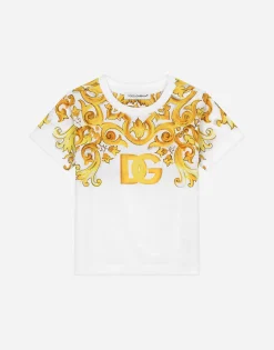 Jersey T-shirt with yellow majolica print and DG logo