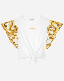 Jersey T-shirt with yellow majolica print and Dolce&Gabbana logo