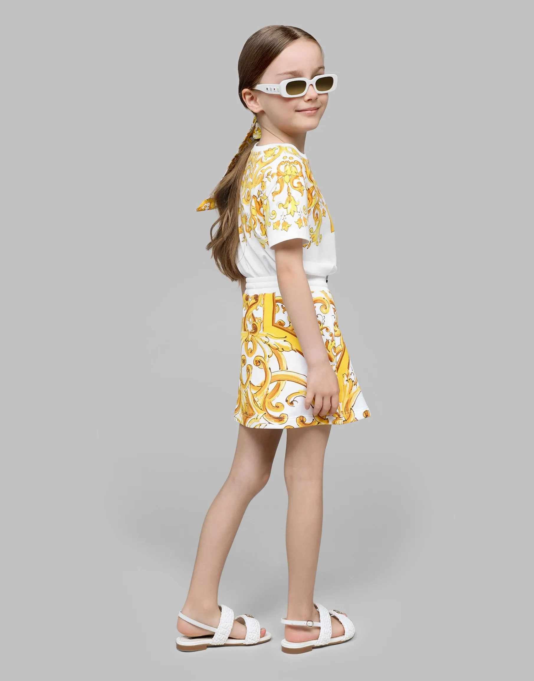 Jersey T-shirt with yellow majolica print and DG logo
