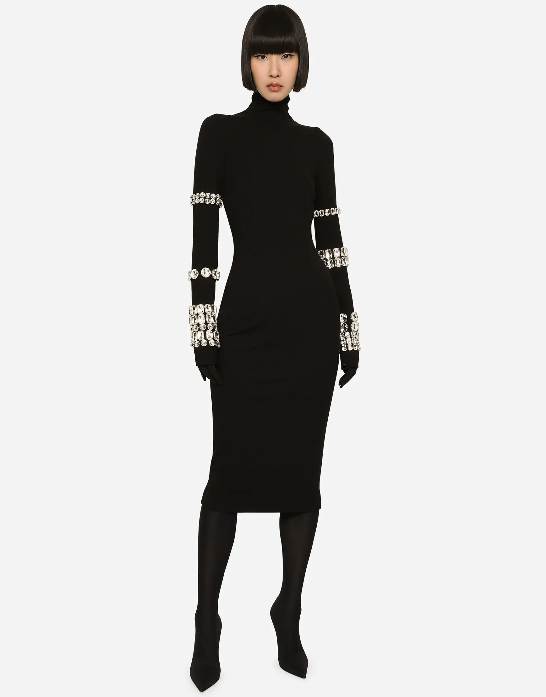 KIM DOLCE&GABBANA Calf-length dress in jersey Milano rib with rhinestones