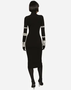 KIM DOLCE&GABBANA Calf-length dress in jersey Milano rib with rhinestones