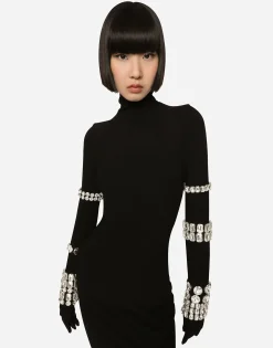 KIM DOLCE&GABBANA Calf-length dress in jersey Milano rib with rhinestones