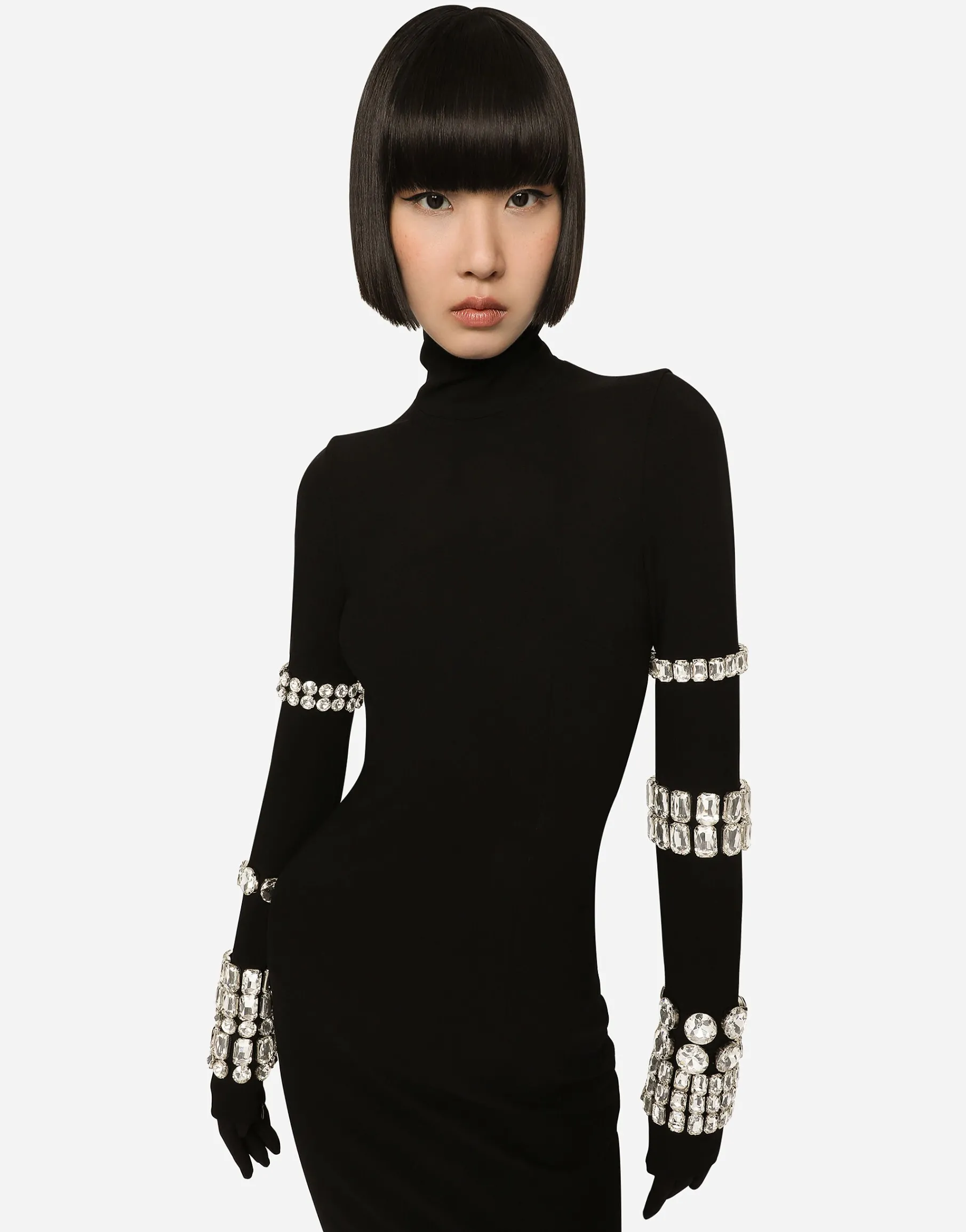 KIM DOLCE&GABBANA Calf-length dress in jersey Milano rib with rhinestones