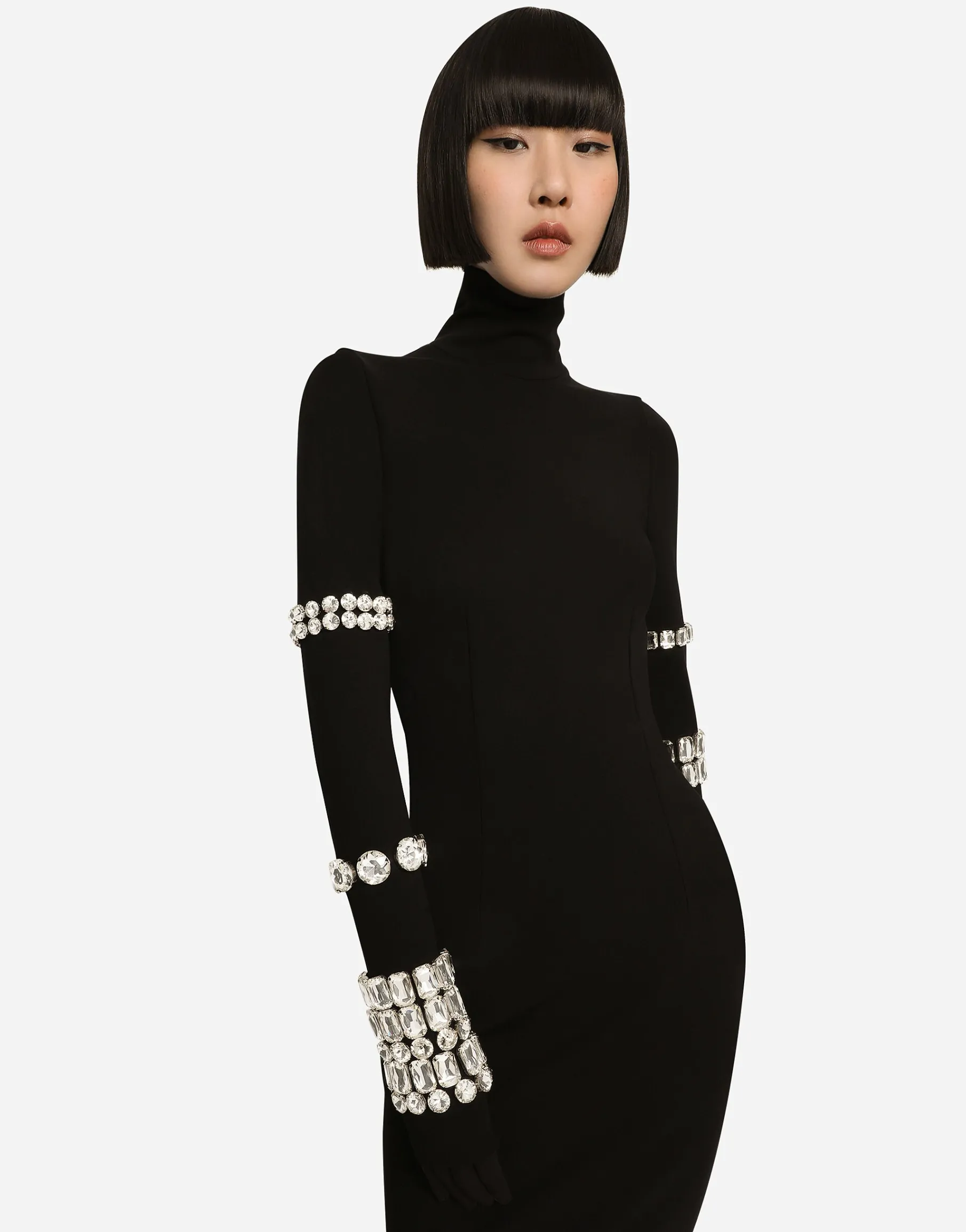 KIM DOLCE&GABBANA Calf-length dress in jersey Milano rib with rhinestones