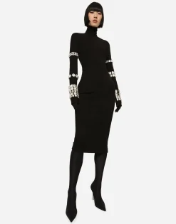 KIM DOLCE&GABBANA Calf-length dress in jersey Milano rib with rhinestones