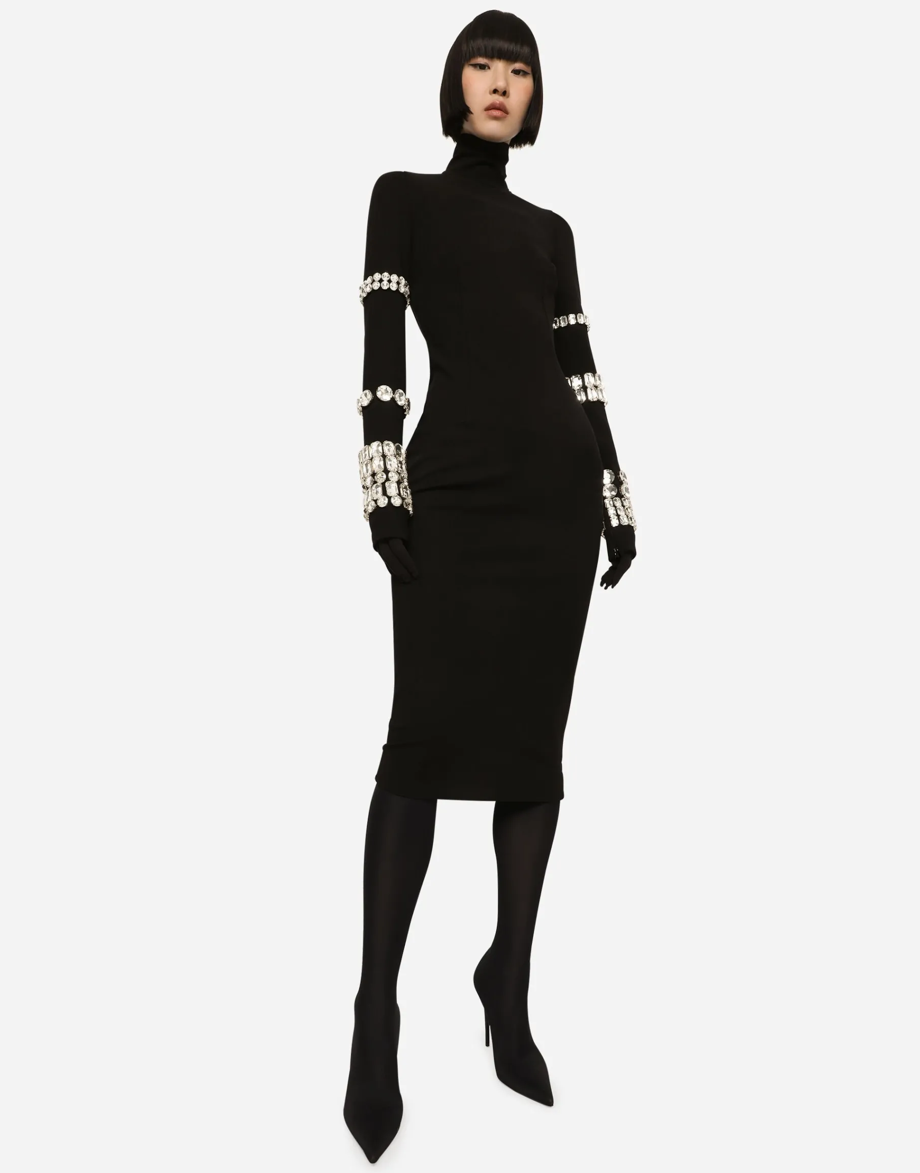 KIM DOLCE&GABBANA Calf-length dress in jersey Milano rib with rhinestones