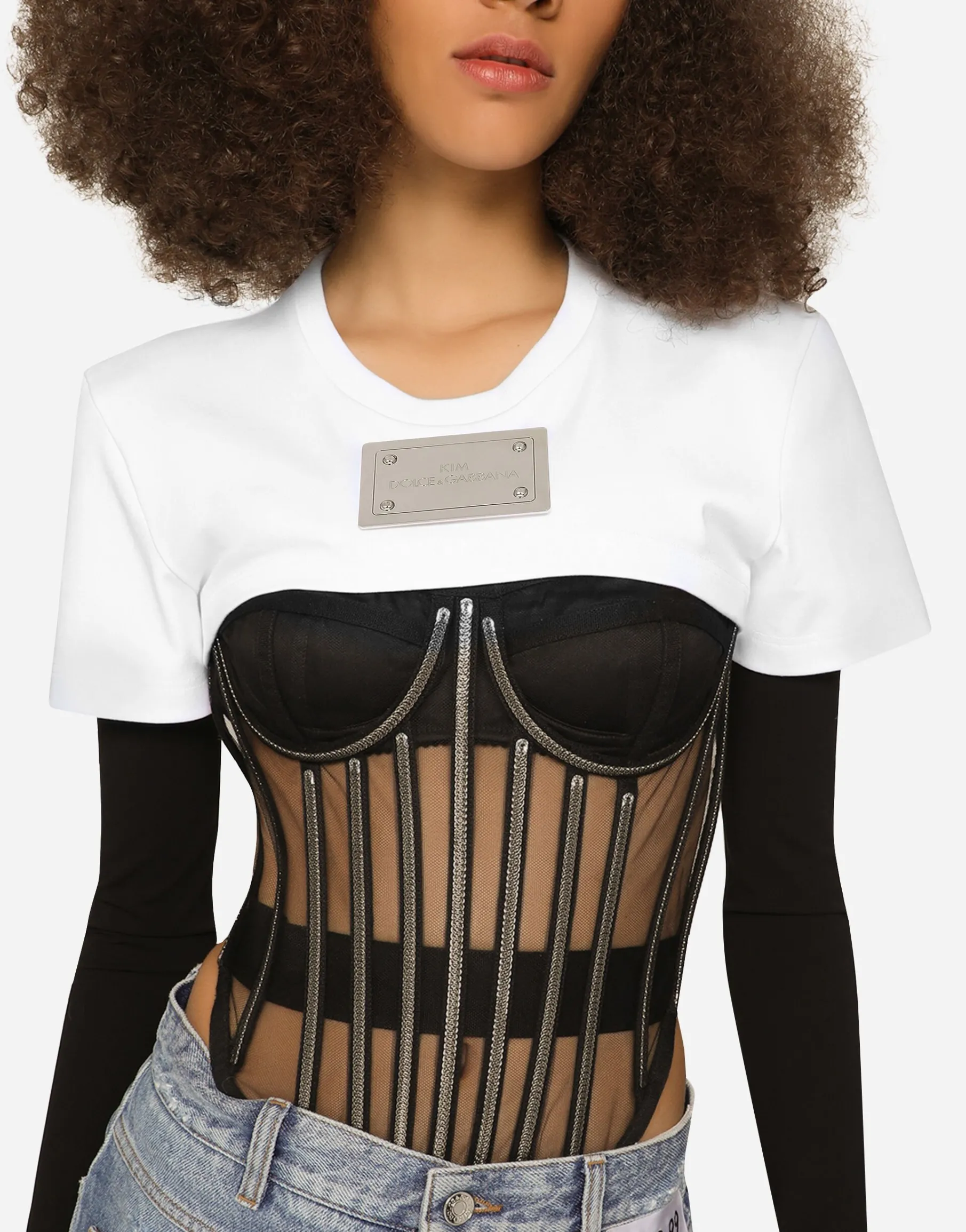 KIM DOLCE&GABBANA Cropped jersey T-shirt with “KIM Dolce&Gabbana” tag