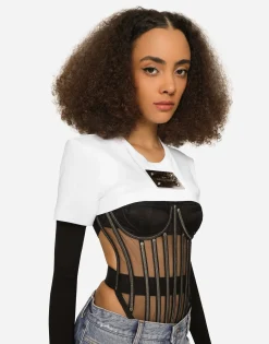 KIM DOLCE&GABBANA Cropped jersey T-shirt with “KIM Dolce&Gabbana” tag