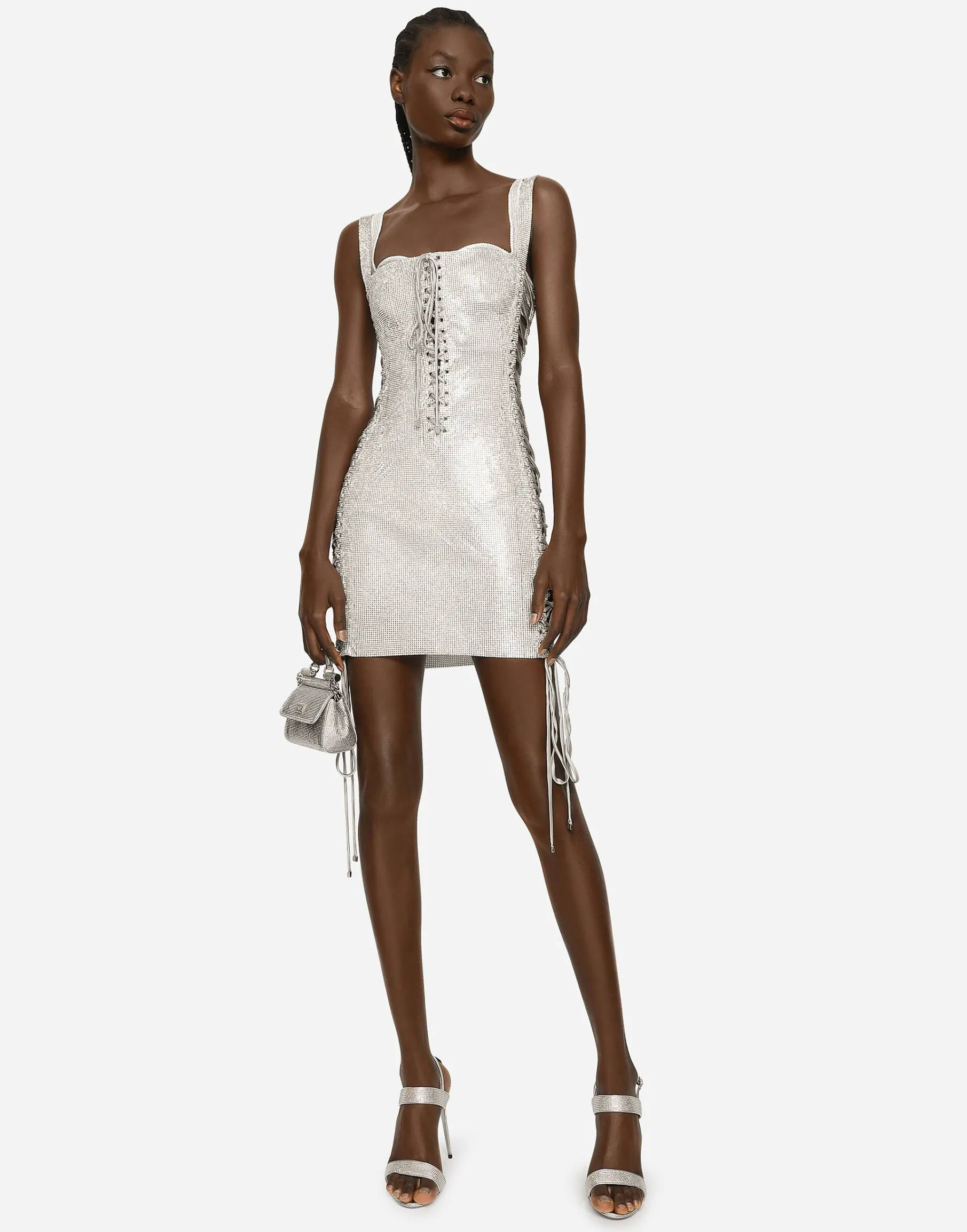 KIM DOLCE&GABBANA Crystal mesh minidress with laces and eyelets