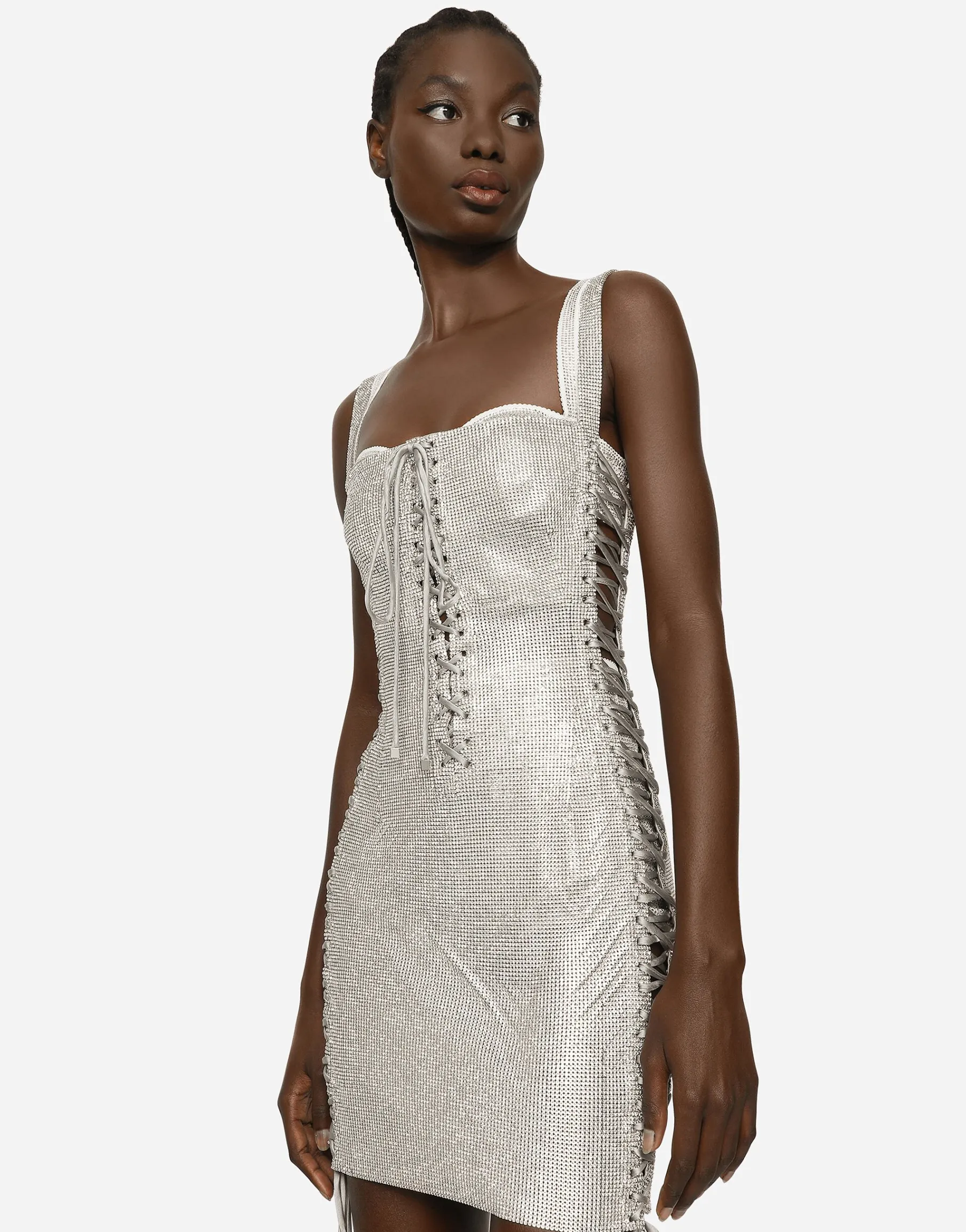 KIM DOLCE&GABBANA Crystal mesh minidress with laces and eyelets