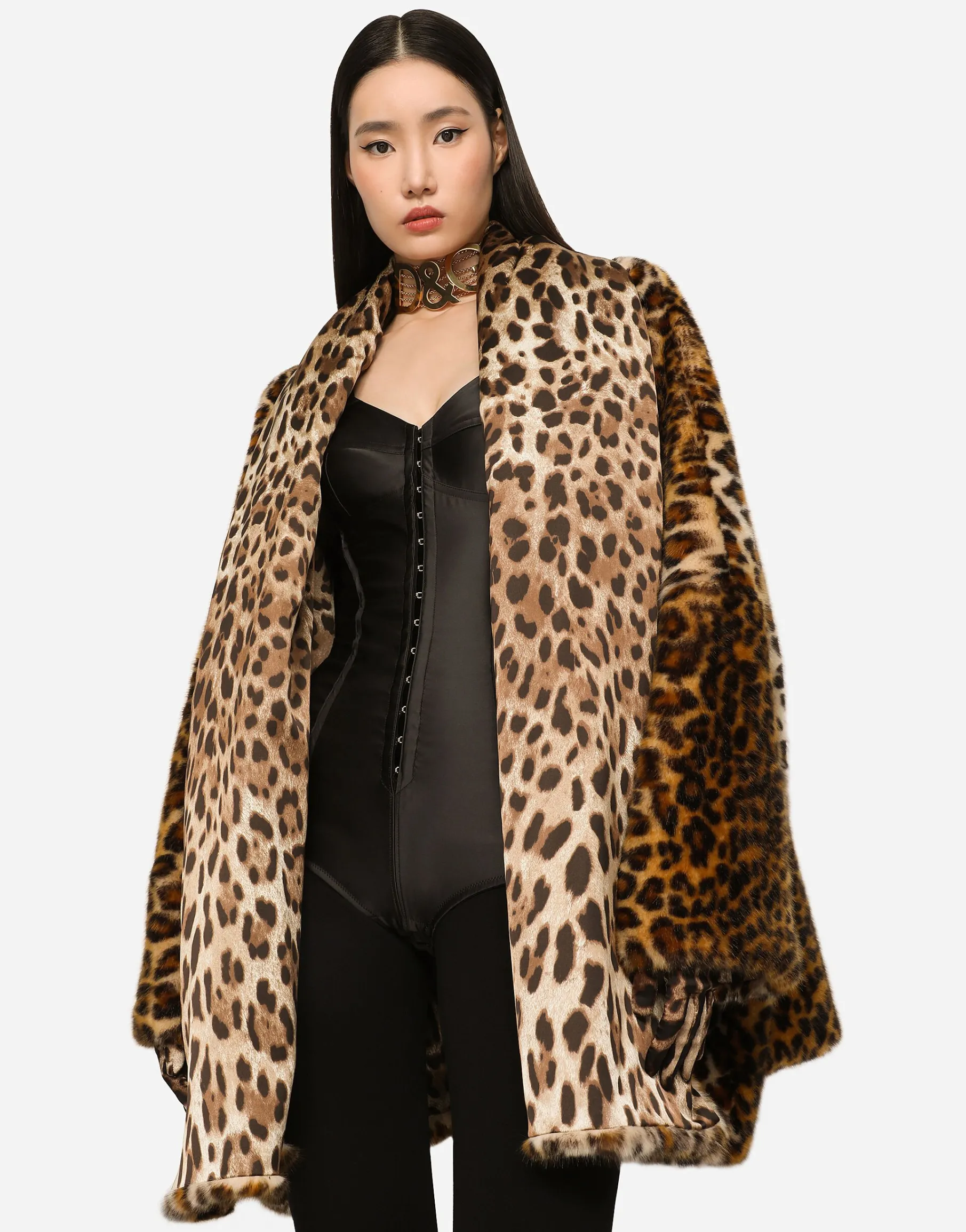 KIM DOLCE&GABBANA Faux fur cape with leopard print