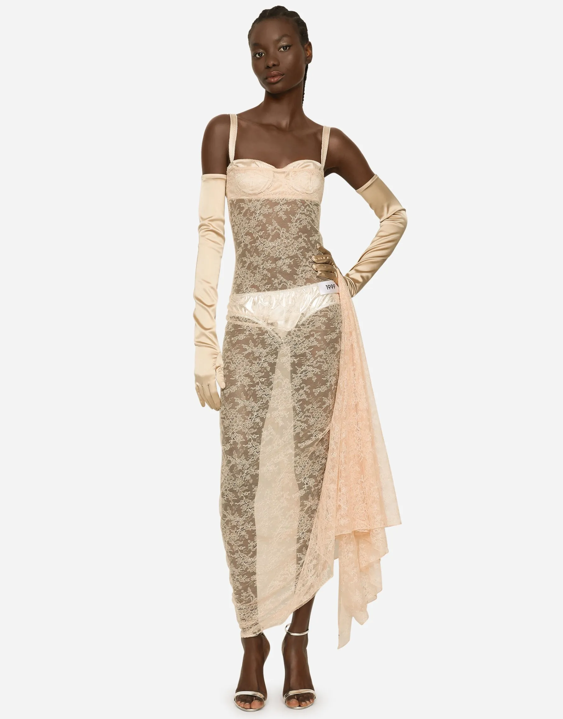 KIM DOLCE&GABBANA Long floral lace dress with lingerie bra