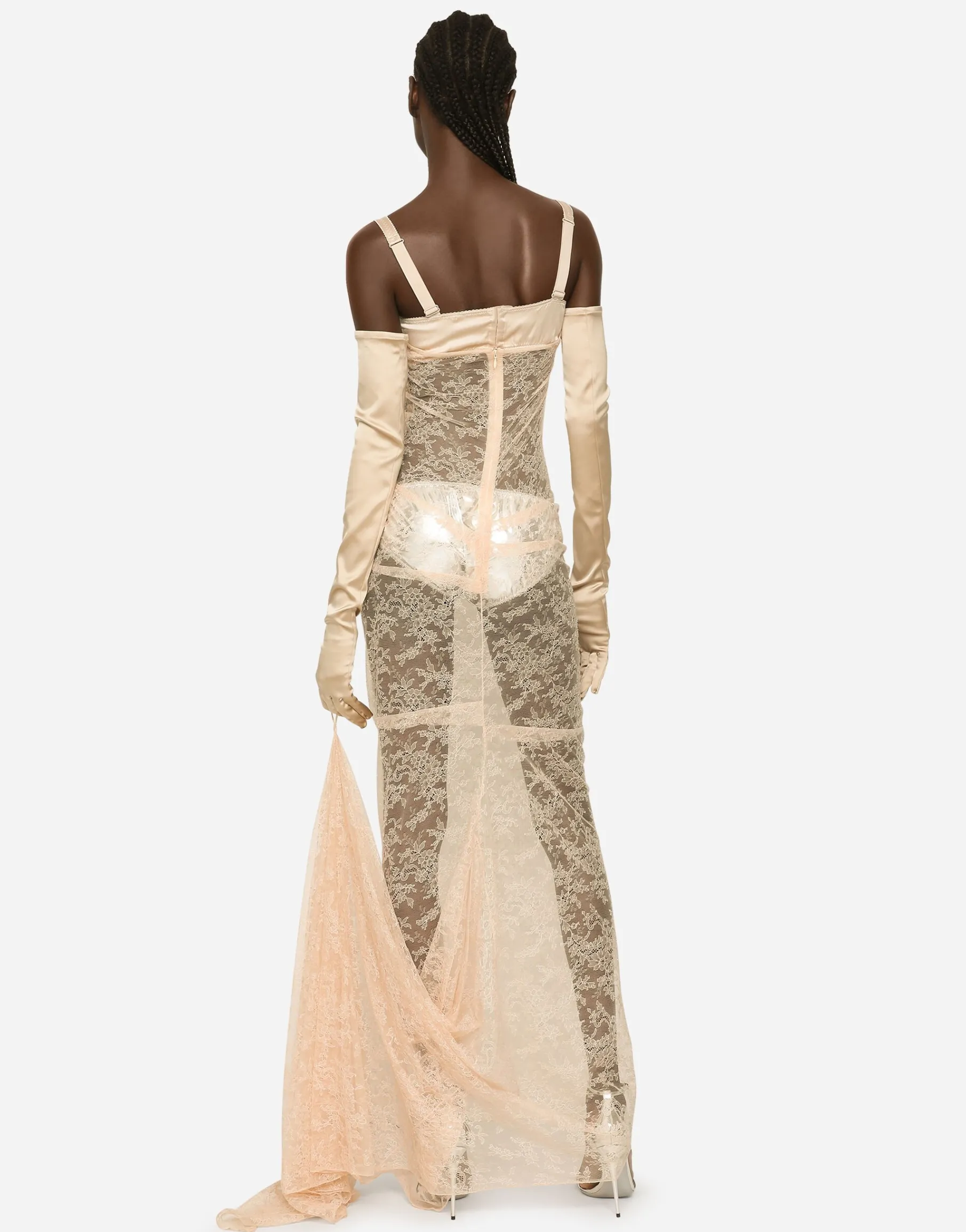 KIM DOLCE&GABBANA Long floral lace dress with lingerie bra