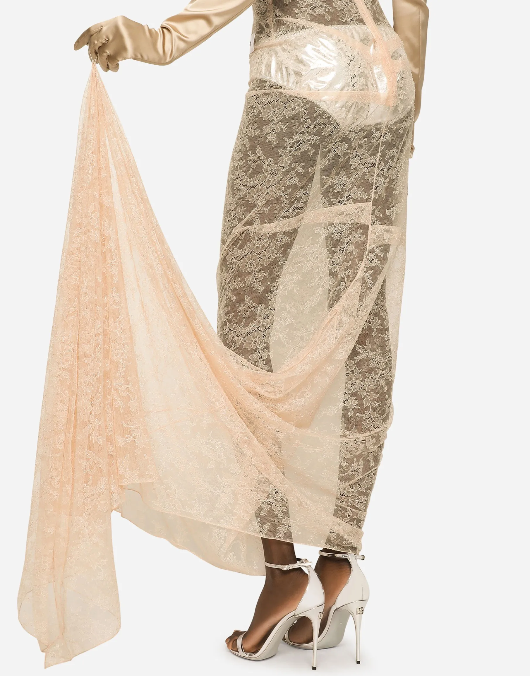 KIM DOLCE&GABBANA Long floral lace dress with lingerie bra