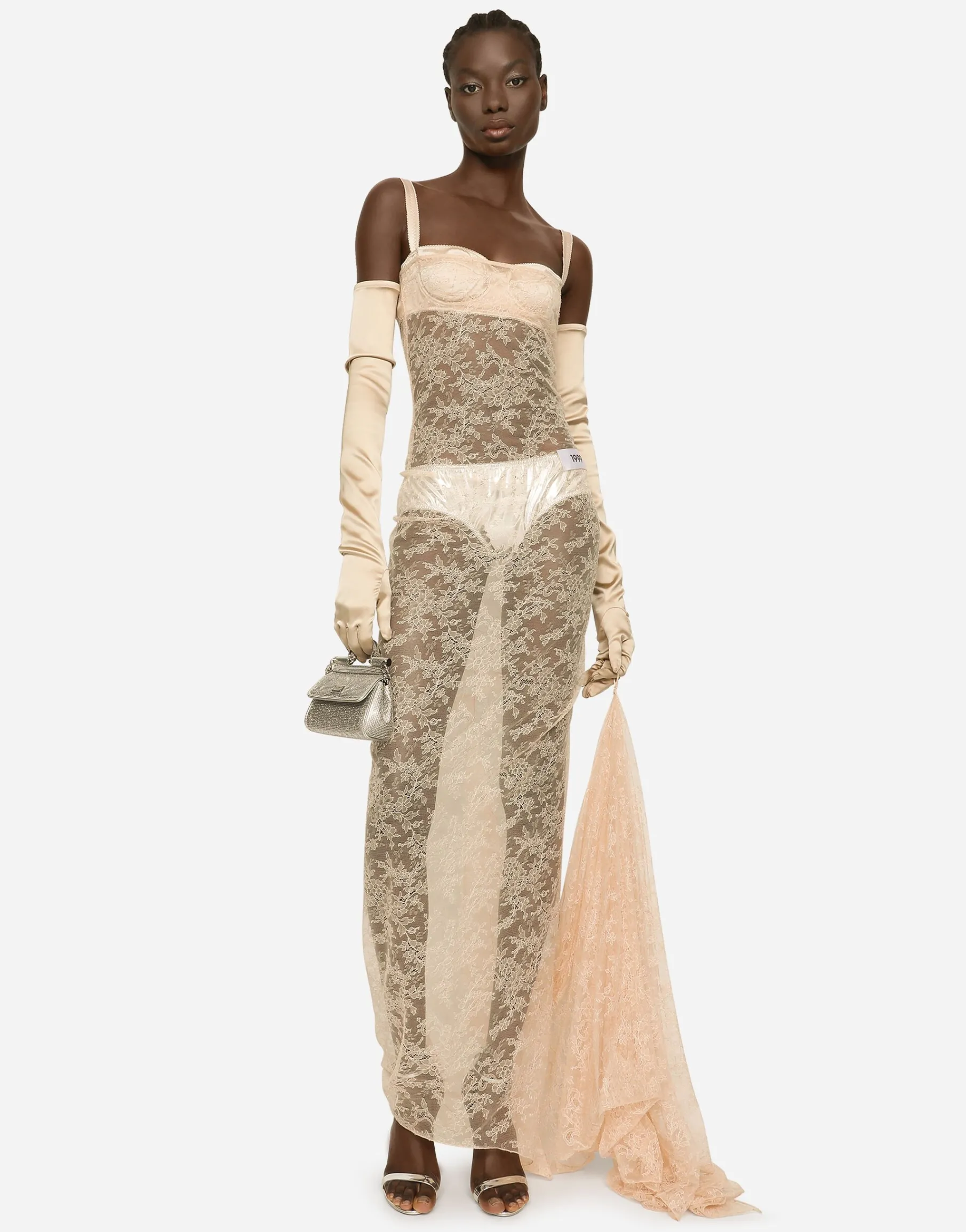 KIM DOLCE&GABBANA Long floral lace dress with lingerie bra