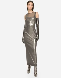KIM DOLCE&GABBANA Long foiled jersey and tulle dress