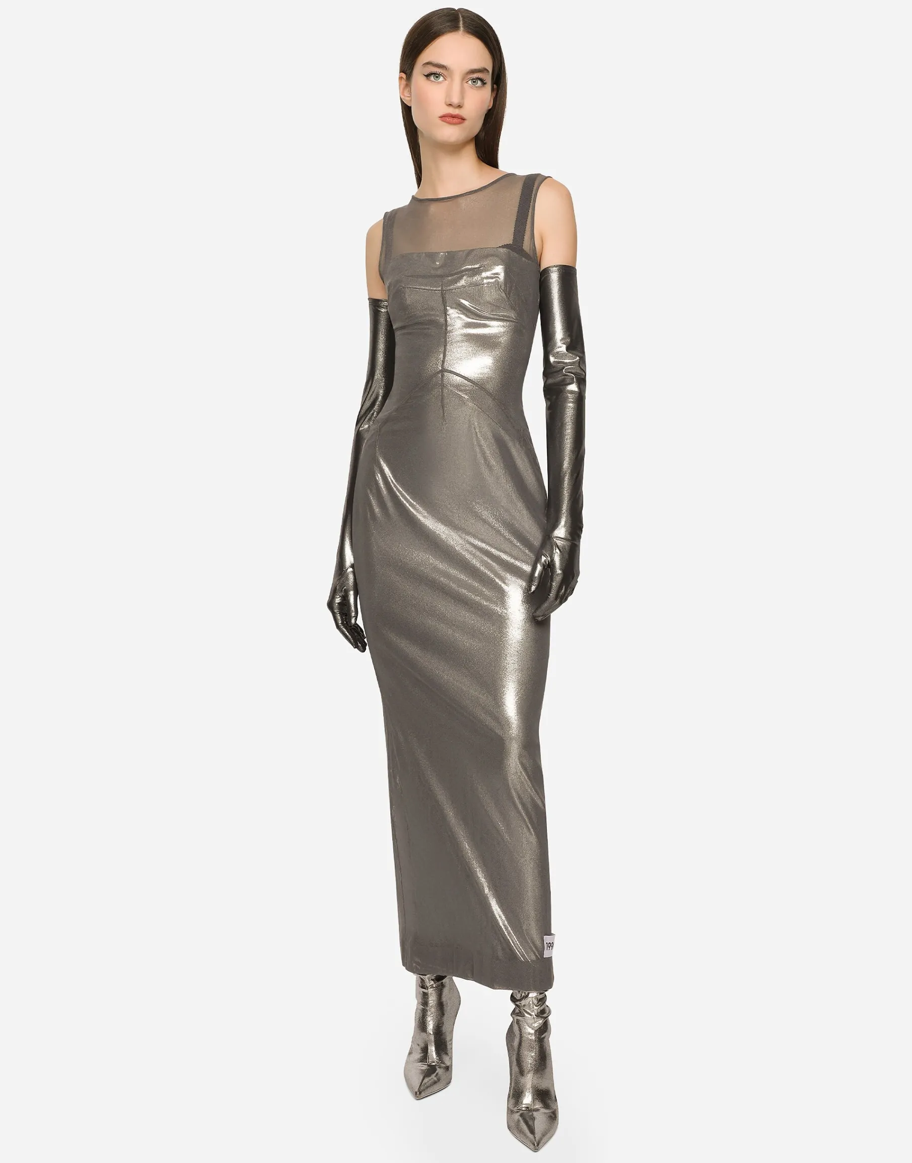 KIM DOLCE&GABBANA Long foiled jersey and tulle dress