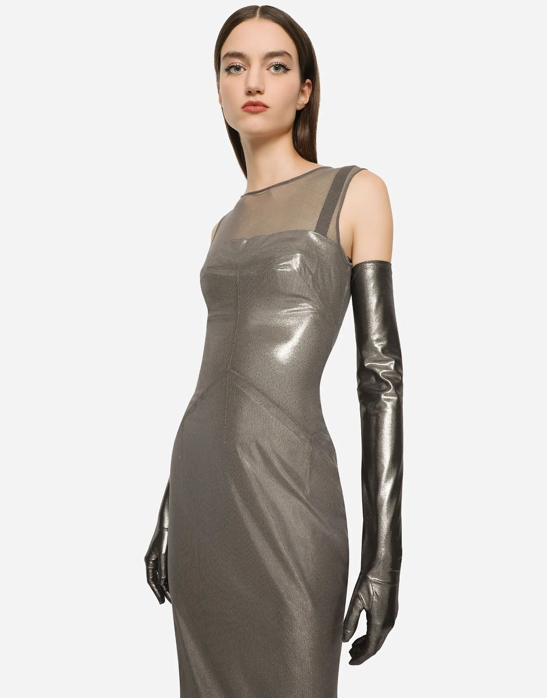 KIM DOLCE&GABBANA Long foiled jersey and tulle dress