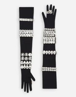 KIM DOLCE&GABBANA Long jersey gloves with rhinestone embellishment