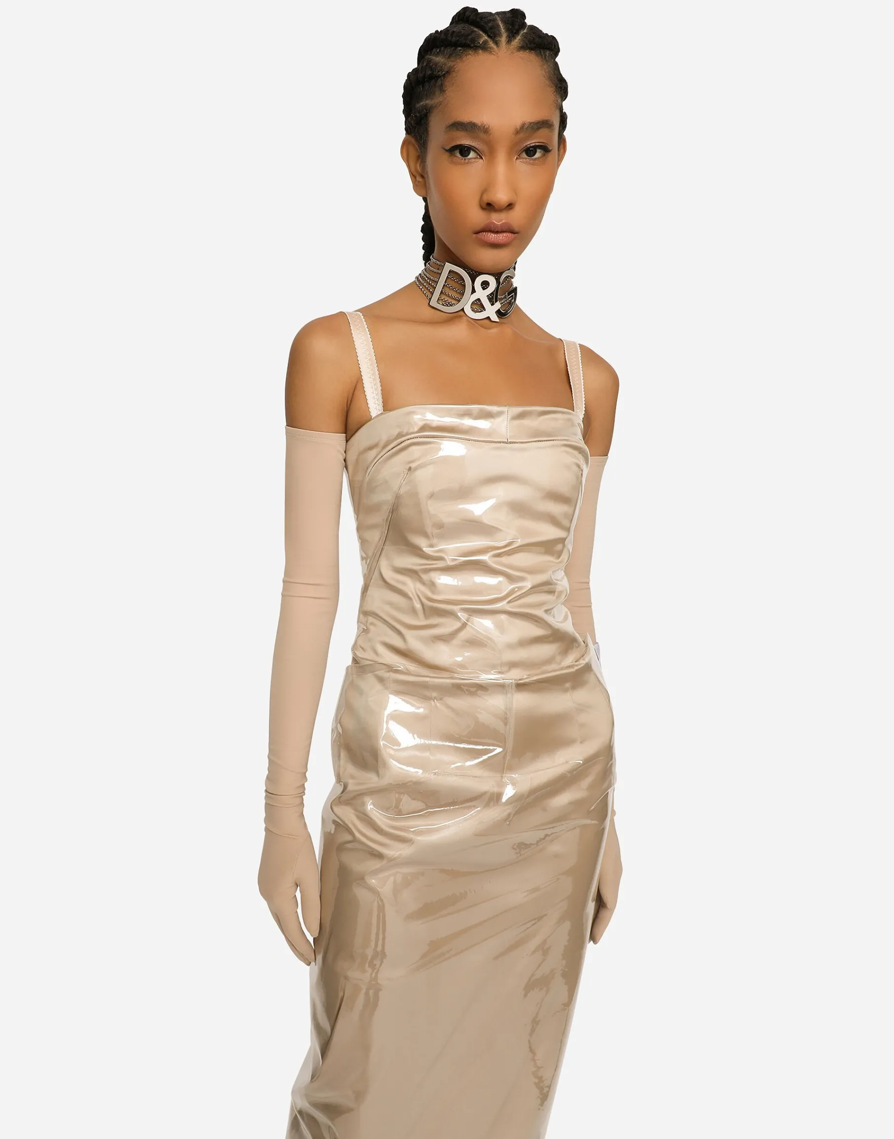 KIM DOLCE&GABBANA Long satin and PVC calf-length dress