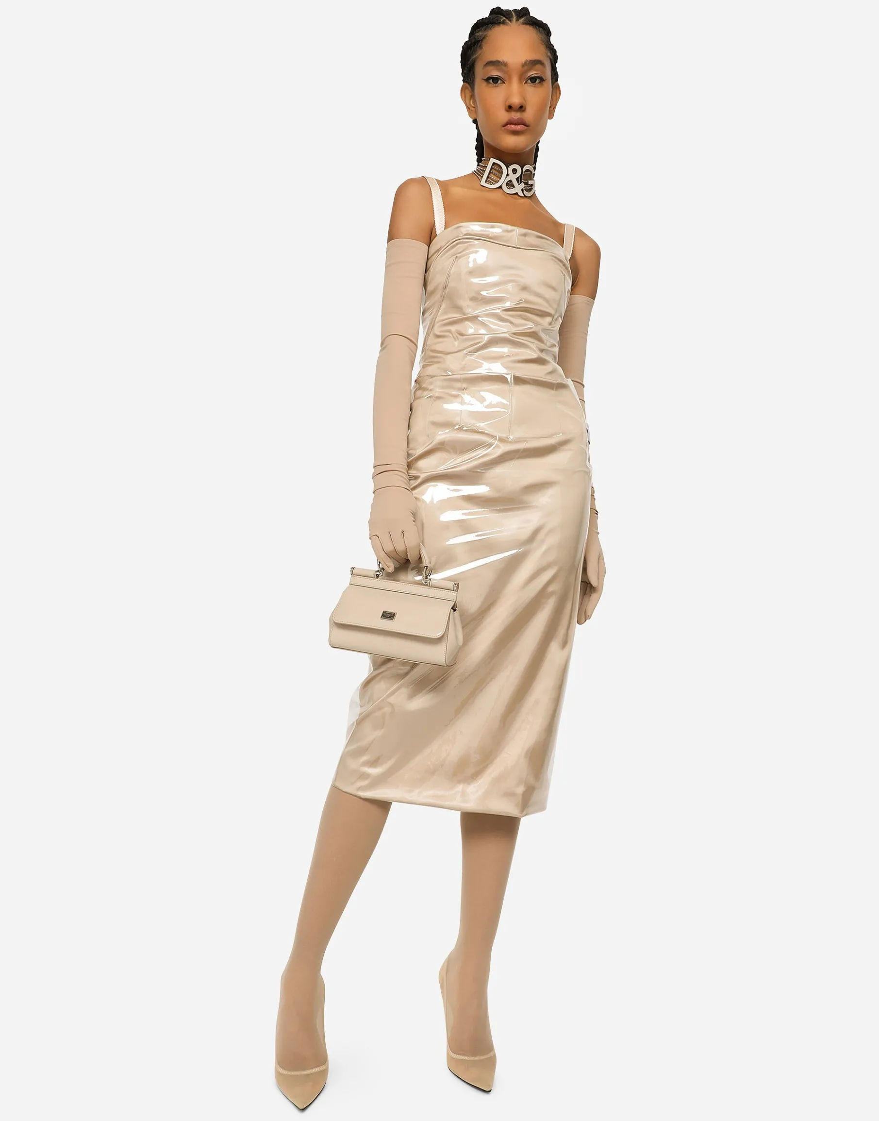 KIM DOLCE&GABBANA Long satin and PVC calf-length dress