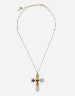 18 kt yellow gold cross pendant with multicolor fine gemstones