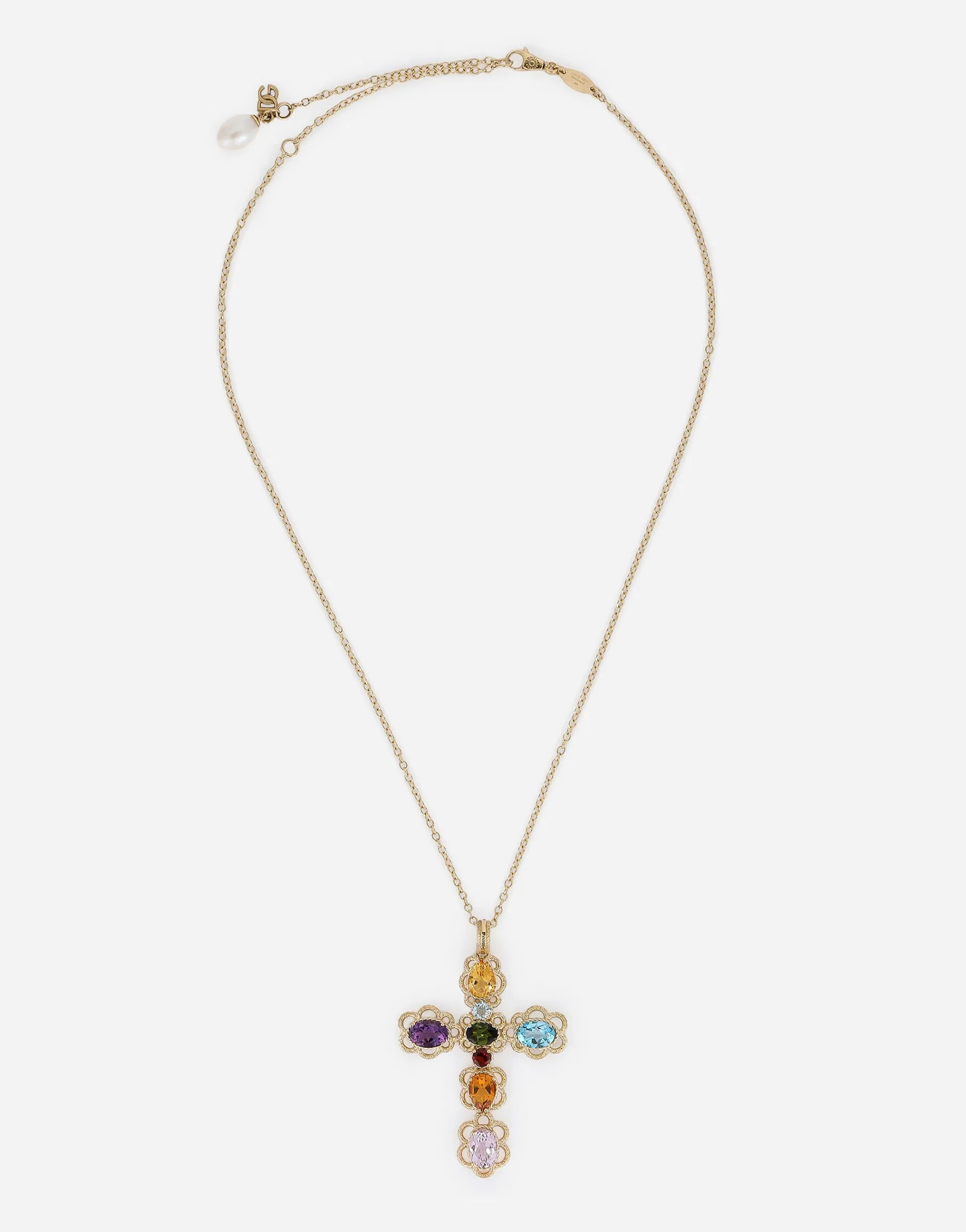 18 kt yellow gold cross pendant with multicolor fine gemstones