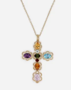 18 kt yellow gold cross pendant with multicolor fine gemstones