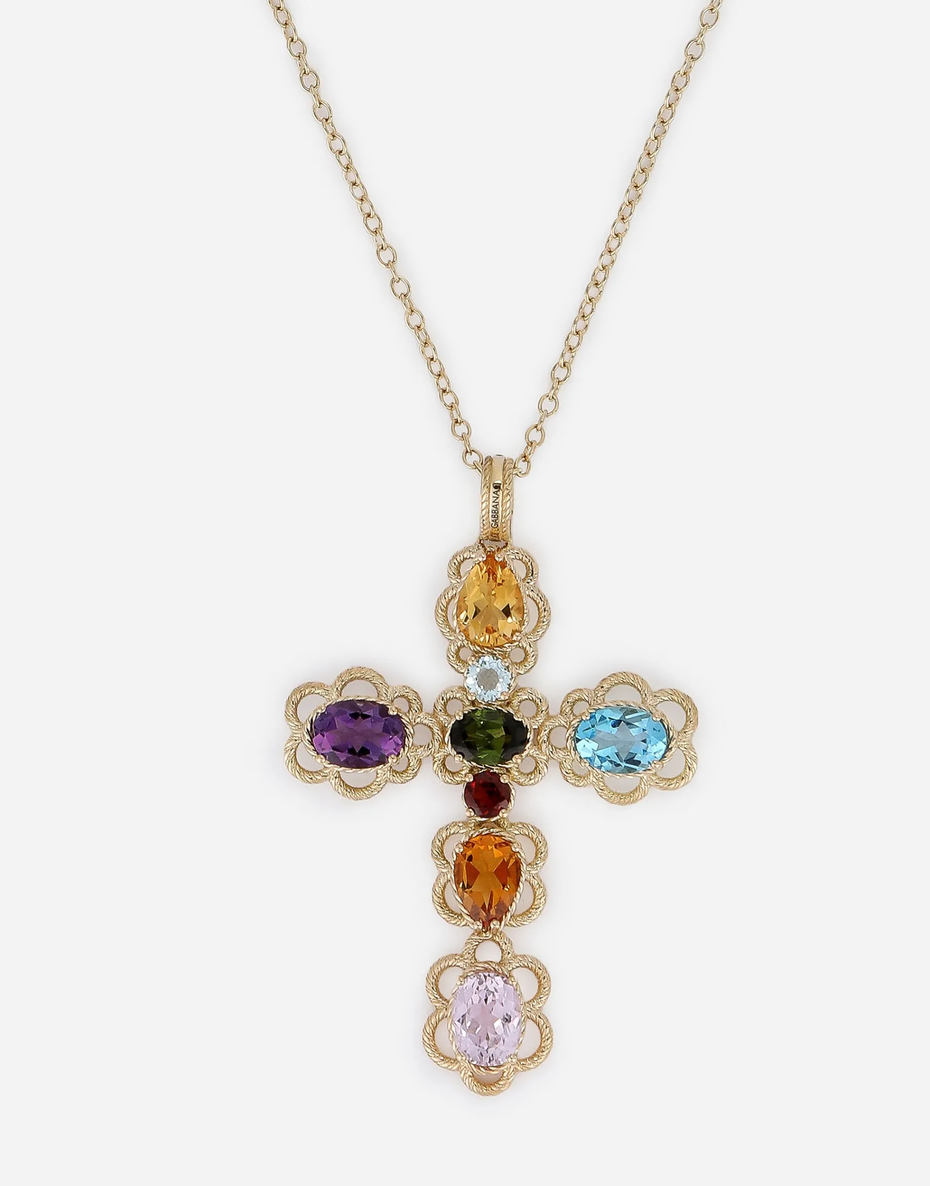 18 kt yellow gold cross pendant with multicolor fine gemstones